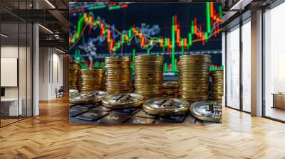 A keyboard with a stack of gold coins on it and a bitcoin coin on top. Concept of wealth and prosperity Wall mural