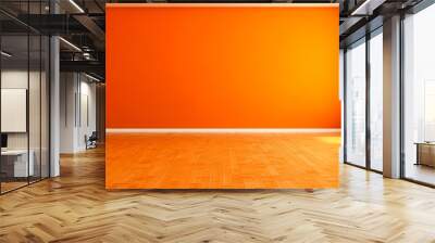 A large empty room with a bright orange wall and wooden floors. The room is very bright and open, with a large window letting in natural light. The space feels clean and inviting, with a sense of calm Wall mural