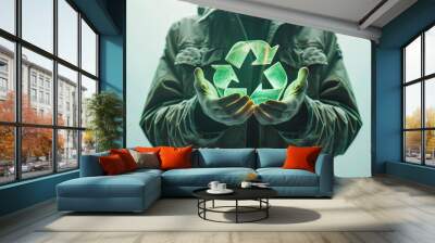 A man is holding a green recycling symbol in his hands. The image conveys the importance of recycling and taking care of the environment Wall mural