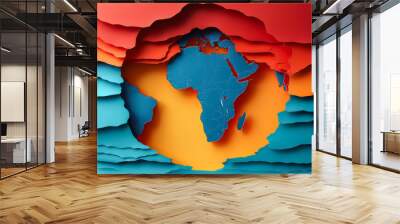 A paper cutout of the earth with a hole in it. The hole is surrounded by a blue and orange border Wall mural