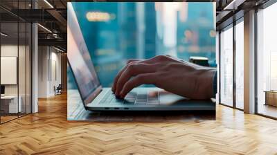 A person is typing on a laptop with a screen displaying a graph. Concept of focus and concentration as the person works on the laptop Wall mural