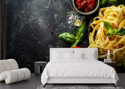 A plate of pasta with a tomato and basil garnish. The pasta is long and the sauce is red Wall mural