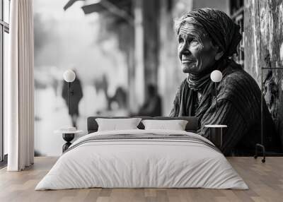 A portrait of an elderly homeless woman sitting on a wet street, capturing the harsh realities of life and evoking empathy and awareness for the plight of the homeless. Wall mural