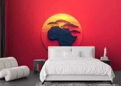 A red background with a tree in the center. The tree is surrounded by a circle Wall mural