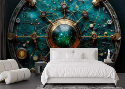 A round object with a green sphere in the center and gold and silver accents. The object is surrounded by a network of wires and has a clock-like appearance Wall mural