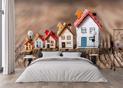 A row of small houses are lined up on a wooden surface. The houses are of different sizes and colors, with one being the tallest and the others being progressively smaller Wall mural