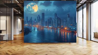 A serene beach scene illuminated by the full moon, with the reflections of city lights shimmering on the water. Skyscrapers line the distant shore, glowing under the night sky. Wall mural