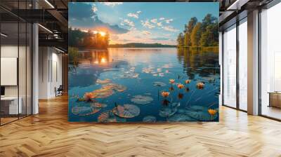 A serene lake with a beautiful sunset in the background. The water is calm and still, and there are many lily pads floating on the surface. The scene is peaceful and relaxing Wall mural