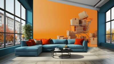 A shopping cart is full of boxes and is on a bright orange background. The cart is a symbol of the consumerist culture and the idea of shopping for material goods Wall mural