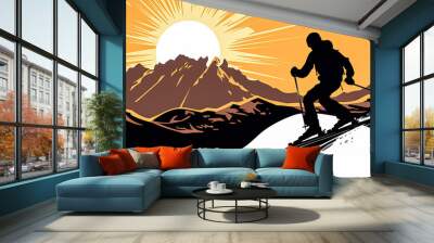 A skier is skiing down a mountain with a sun in the background. The skier is wearing a backpack and is skiing on a slope Wall mural