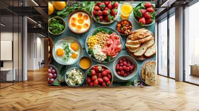 A table full of food including fruits, vegetables, and bread. The table is set for a meal and the food is arranged in various bowls and plates Wall mural