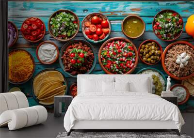 A table full of food with many bowls of different types of food. Scene is inviting and appetizing Wall mural