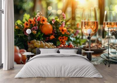 A table with a wine glass and a plate of fruit. The fruit includes grapes, tomatoes, and oranges Wall mural