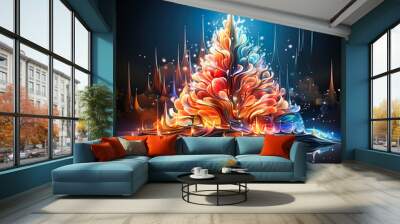 A vibrant Christmas tree in neon lights, setting the stage for festive New Year celebrations Wall mural