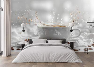 A white cup with water splashing out of it. The cup is on a table with a few coffee beans scattered around it Wall mural