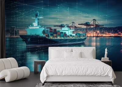 An industrial marine vessel laden with cargo containers, illustrating international freight transportation. Suitable for poster, brochure, or flyer design purposes. Wall mural