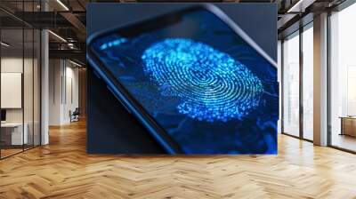 Blue cell phone screen shows a fingerprint. Concept of security and protection, as fingerprints are unique to each individual and can be used to verify identity Wall mural