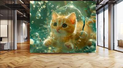 Cat is laying on a bed with bubbles surrounding it. The bubbles are in various sizes and colors, creating a playful and whimsical atmosphere. The cat appears to be relaxed Wall mural