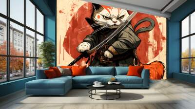 Cat warrior samurai armed with a deadly sword 2D illustration ai generation High quality Wall mural