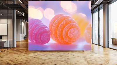 Close up of three different colored gummy bears. The pink one is on the left, the orange one is in the middle, and the yellow one is on the right. Concept of fun and playfulness Wall mural