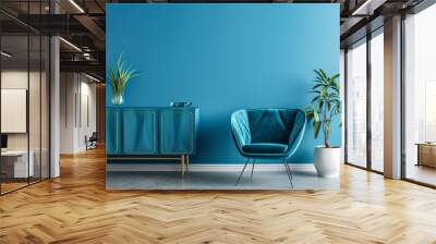 The room features a calming blue color scheme with a cozy armchair and a sleek dresser. Soft, complementary decor enhances the serene ambiance, making it a comfortable and inviting space for relaxatio Wall mural