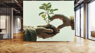 Two people holding a plant in their hands. The plant is small and green. The people are smiling and seem happy Wall mural