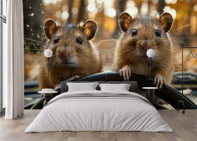 Two small brown mice are looking at the camera. They are both smiling. Scene is happy and playful Wall mural