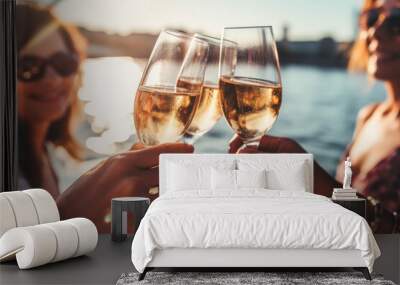 Two women are holding champagne glasses on a boat, enjoying the sunset. Scene is relaxed and happy Wall mural