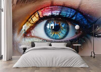 Woman's eye with a rainbow colored iris. The eye is surrounded by a rainbow of colors, giving it a vibrant and playful appearance Wall mural