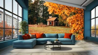 autumn cabin fall nature landscape vertical Wall mural