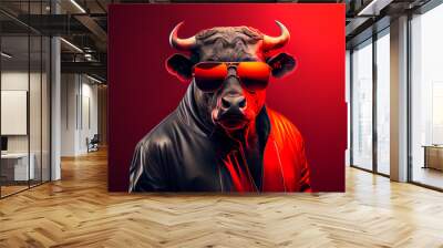 Crypto red bull with glasses at the leather jacket, AI Wall mural