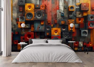 Background of multi-colored music columns and speakers on a wooden surface. Wall mural