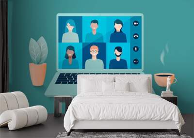 Online video conference or distance learning, working at home with a laptop. Vector illustration. Wall mural