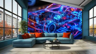 An electric car lithium battery pack is illustrated with power connections, showcasing the core of modern automotive technology in a vibrant blue tone Wall mural