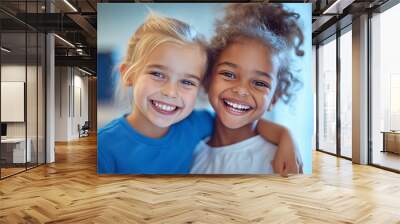 two child friends smiling, dental clinic setting, advertising photography Wall mural