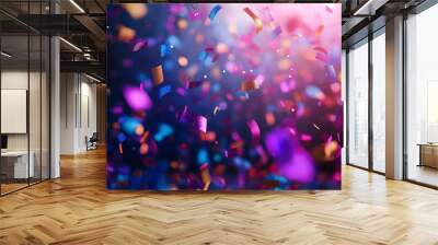 vibrant confetti explosion in a neonlit nightclub capturing the energy of a wild party dynamic camera angle freezes multicolored paper fragments midair against a pulsating light show  Wall mural