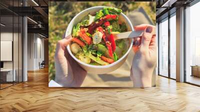 concept takeaway dishes, fresh salad greens, tomatoes and sprouted grains in paper plate in the hands of a young girl who eats it outdoors Wall mural