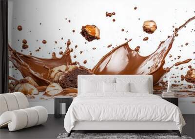 Background chocolate cocoa powder black splash brown food explosion fly. Chocolate isolated background white cocoa cacao dark dust milk broken bar explode texture burst sugar blast sweet piece chip. Wall mural