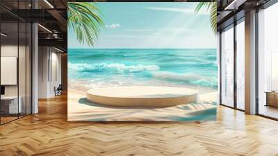 Beach podium summer background sand product 3D sea display platform. Beach podium summer banner stand scene sale sky holiday vacation stage water island sun travel pedestal promotion presentation ad. Wall mural