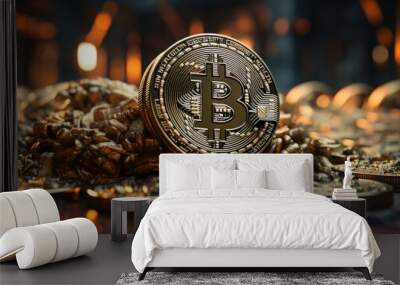 Bitcoin crypto coin money digital background currency gold concept virtual payment. Cryptocurrency coin bit bitcoin crypto exchange technology business finance future market blockchain mining trade Wall mural