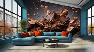 Chocolate bar piece explosion chunk candy broken isolated milk cocoa fly white background. Break bar chocolate fall air food chip snack dark piece dessert black ingredient burst parts cacao sweet. Wall mural