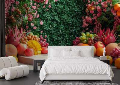 Fruit podium background product citrus beauty vitamin orange cosmetic lemon summer. Podium fruit health peach platform background concept stand presentation mockup plant display food juice scene stage Wall mural