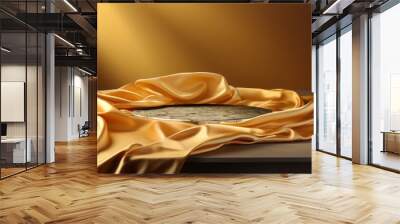 Gold podium background product silk luxury black 3d golden display fabric abstract premium stage. Background elegant studio gold pedestal podium presentation cloth backdrop design. Generative AI Wall mural