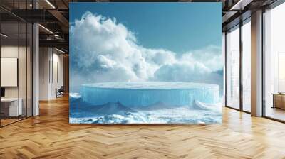 Ice podium background snow winter product platform cold mountain 3D. Podium ice display background cosmetic sky floor blue scene landscape frozen white cool stand pedestal minimal rock glacier nature. Wall mural