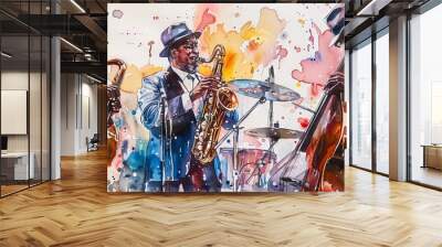 Jazz music background poster band instrument concert piano art abstract. Background jazz saxophone music flyer illustration design party festival singer orchestra player musician fest banner guitar. Wall mural