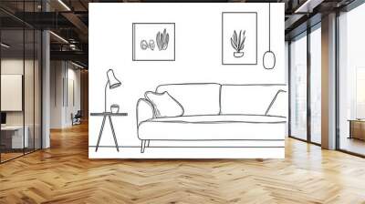 Line interior home art room design illustration outline sketch furniture. Home line sofa interior house doodle continuous lineart one office lamp chair decor hand living table apartment background. Wall mural