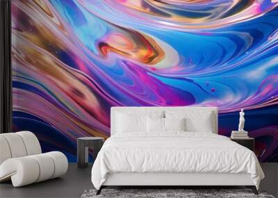 Metal chrome liquid background abstract texture silver gradient 3d pattern design fabric. Liquid metal wave chrome hologram iridescent shiny wavy rainbow purple neon fluid reflection mercury pink blur Wall mural