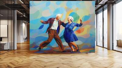 Old senior happy couple woman family man people mature dance love home fun. Grandmother happy old senior beautiful smile older grandfather together background party age young lifestyle grandparents. Wall mural