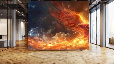 Phoenix bird fire fantasy firebird abstract magic 3D eagle animal. Phoenix bird fire tale character illustration render hawk fairy wings graphic feather gold background fenix logo icon red art pheonix Wall mural