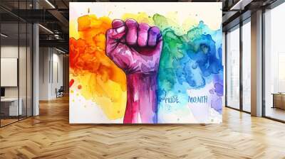 Pride fist lgbt gay rainbow hand lgbtq flag day fight. Fist pride lgbt color power poster protest homosexual background human diversity month solidarity woman gender international symbol strength sign Wall mural